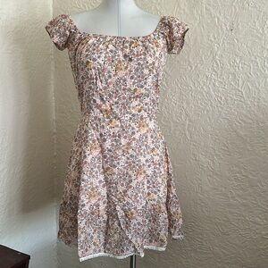 Valiente Peach Pink Tan Orange Ditsy Floral Prairie Mini Dress Puff Sleeve NWT 3